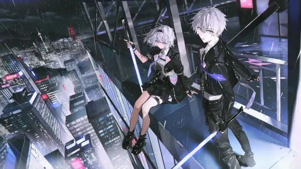 Esper Zeros Sword Pose Black Jackets Rainy Cityscape by Akihare HD #15