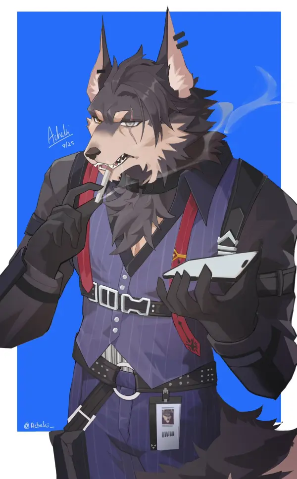 Skia Smoking Holding Phone Blue Vest Wolf Boy by Acheki #29