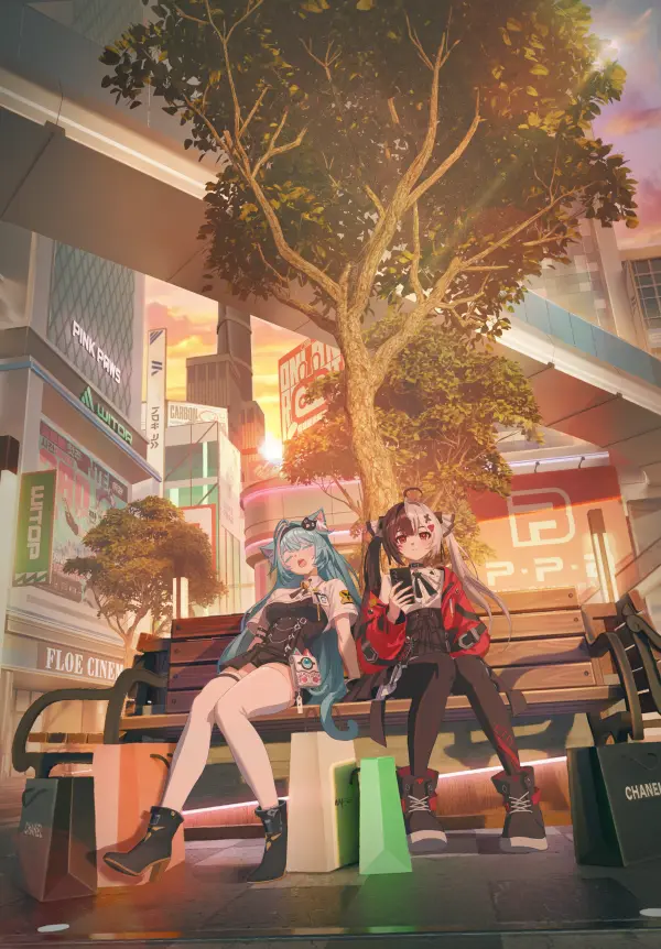 Mint and Lacrimosa Relaxing on Bench Red Jacket by Blueland #53